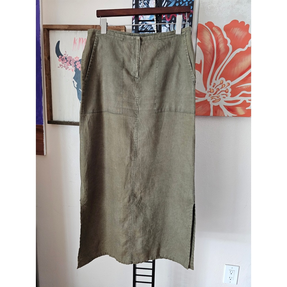 Max Studio Olive Green 100% Linen Midi Skirt Side Slits Pockets Size M 3702016
